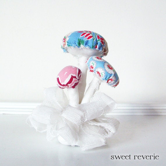 SALE Vintage Textile and Fabric Mushroom Cluster - Pink and Blue Floral Soft Sculpture - Shabby Chic Fairytale Princess - Girls Room Decor