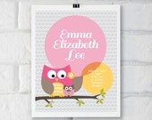 Owl . Girl . Custom Baby Birth Announcement . Nursery Wall Art