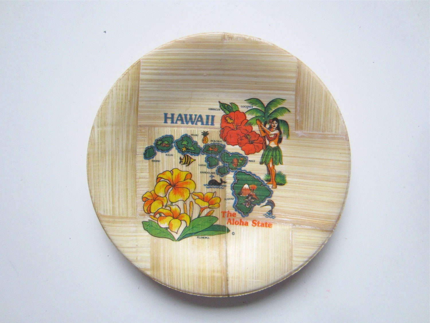 Hawaii Plate Souvenir Bamboo Vintage Souvenir Plate