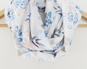 infinity scarf, cotton scarf, floral scarf, winter trends, blue white scarf
