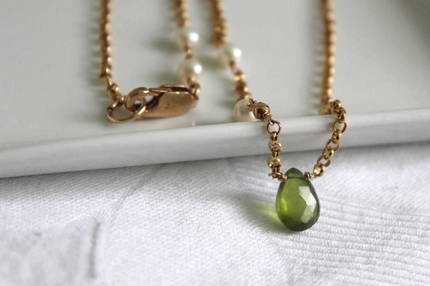 Gold Green Chain Necklace:Hand Wire Wrapped 14K Gold Fill Vesuvianite And Pearl Chain Necklace