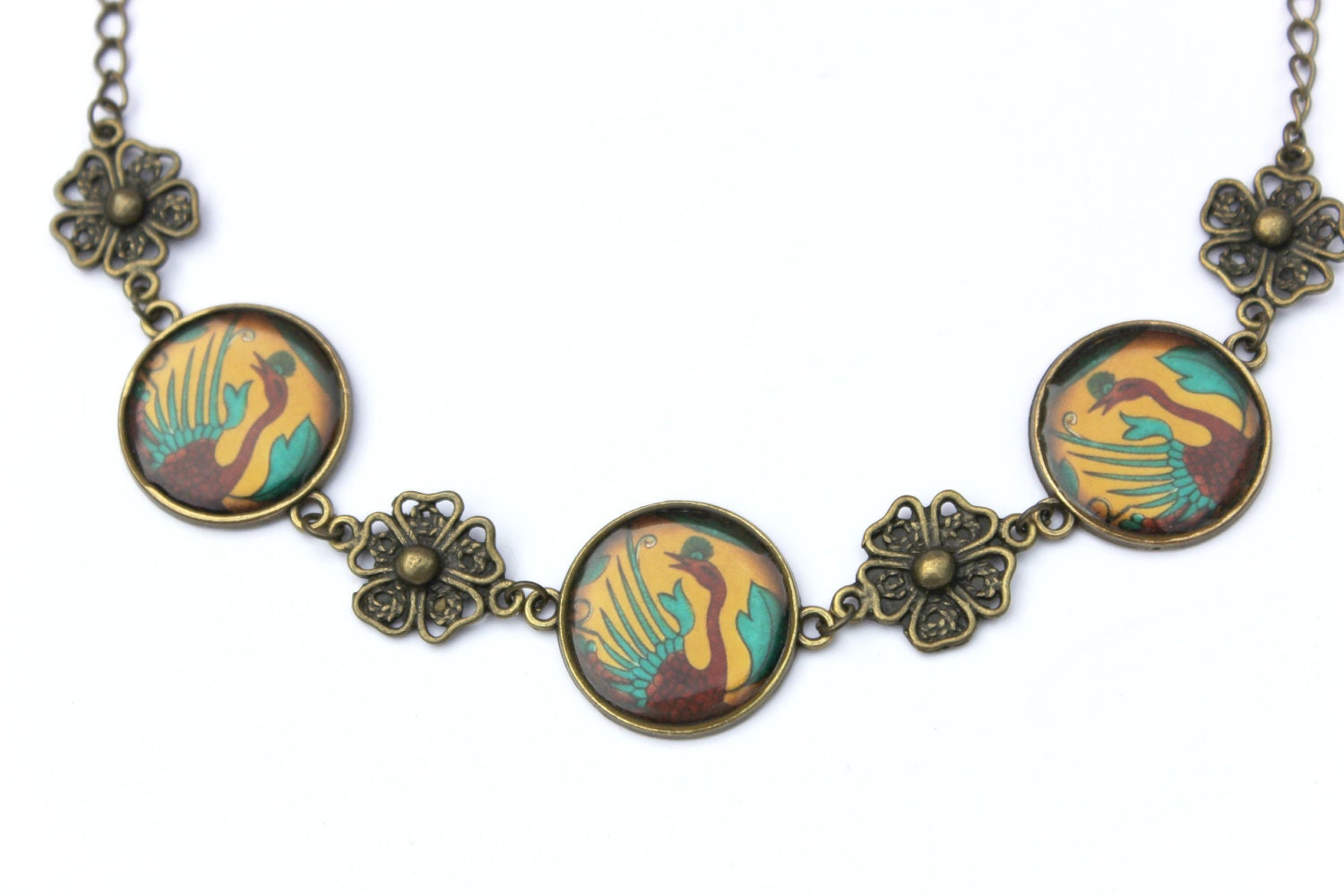 Vintage style antique bronze Asian art resin necklace