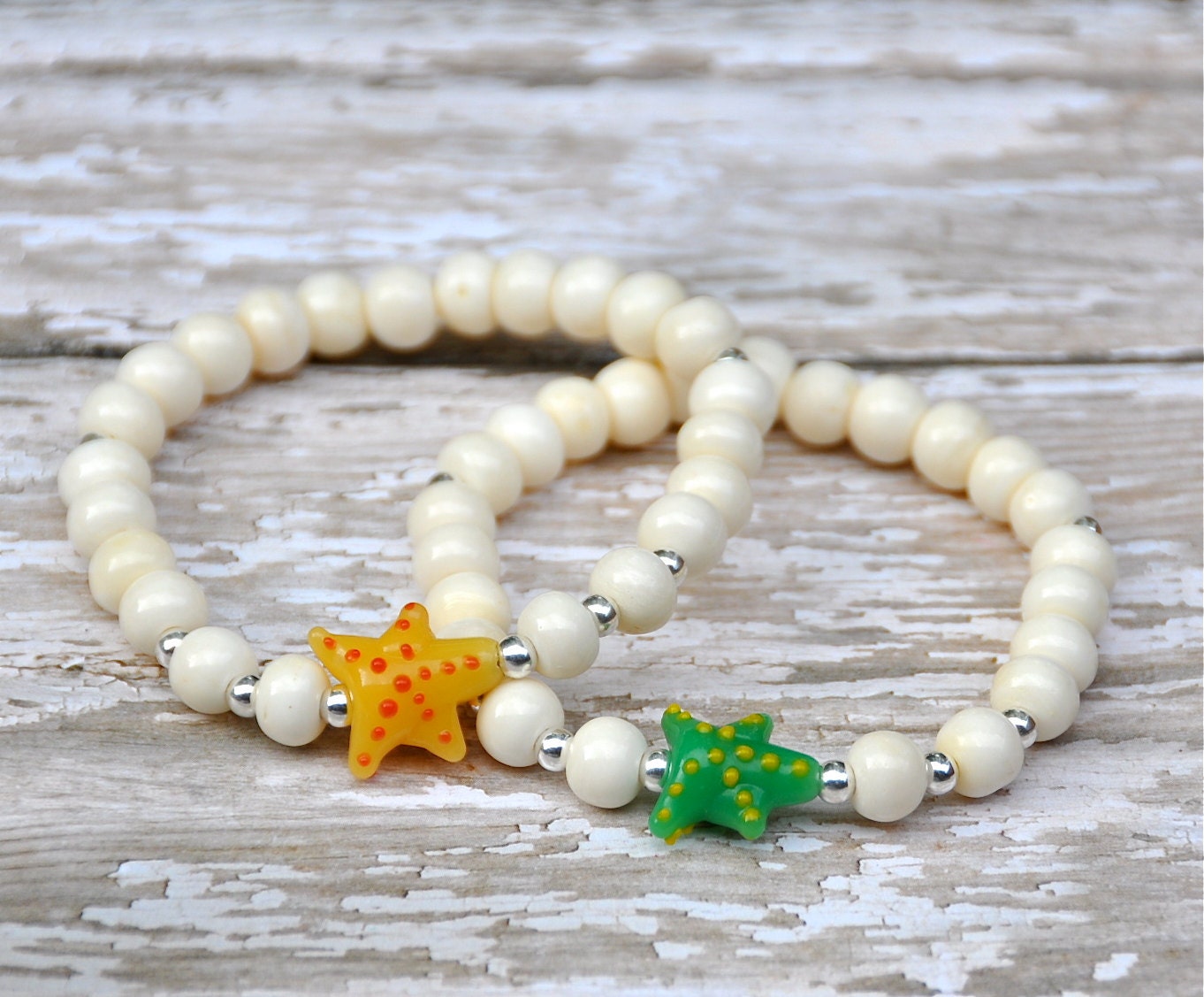 NEW Glass Starfish and Bone Beaded Bracelets / Resort Bracelets