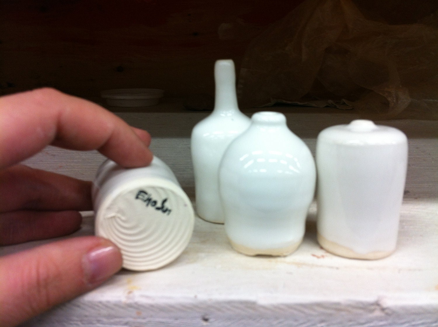 Miniature wheel thrown pots glossy II, set of 4 bottles