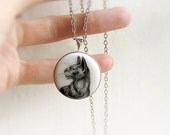 Animal Necklace "Portrait of a Cat" small, black&white miniature, for cats lovers, silver tone accessories