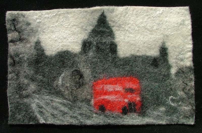 Artist made Textile art panel, red London bus by St. Paul's Cathedral, original fiber art -- felt painting in wool wall hanging