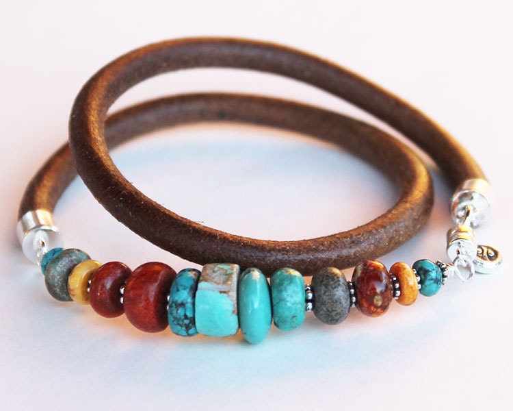 Turquoise Wrap Bracelet - turquoise, spiny oyster, coral and silver, sundance style