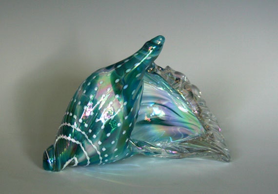 Glass Sea Shell Sculpture - Seafoam/White with White Dots - KevinFultonGlass