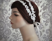 Bridal Lace Headband, Double Headband, White, Ivory, Champagne, Bridal Hair Accessories, Wedding Accessories, Ribbon Tie, Floral Lace,