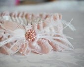 Blush Pink Garter, Pink Garter, Pink Lace Garter with ostrich feathers, goose feathers and a gorgeous gold encased pink rhinestone button
