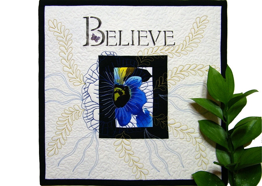 Blue and Black Flower Patchwork Wall Hanging Quilt