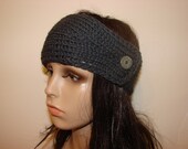 100% Wool Hand Crochet Knit Turban Headband Mercury Dark Grey Woman Teen Young Adult Girl ski