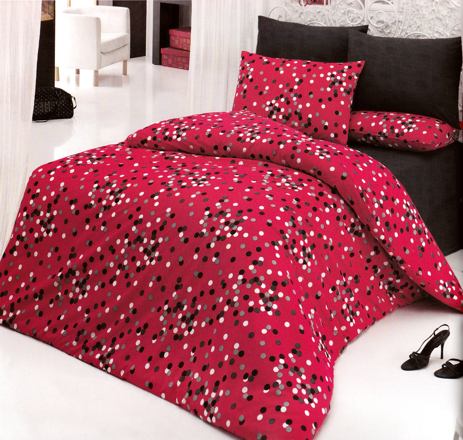 Custom Queen or Full Size Red Grey and Black Polka Dot Print Bedding Set