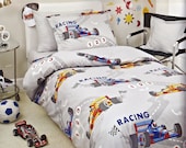 Custom Twin Size Grey , Dark Blue , Red , Yellow  Racing Cars Printed  Kid Bedding Set For Boys