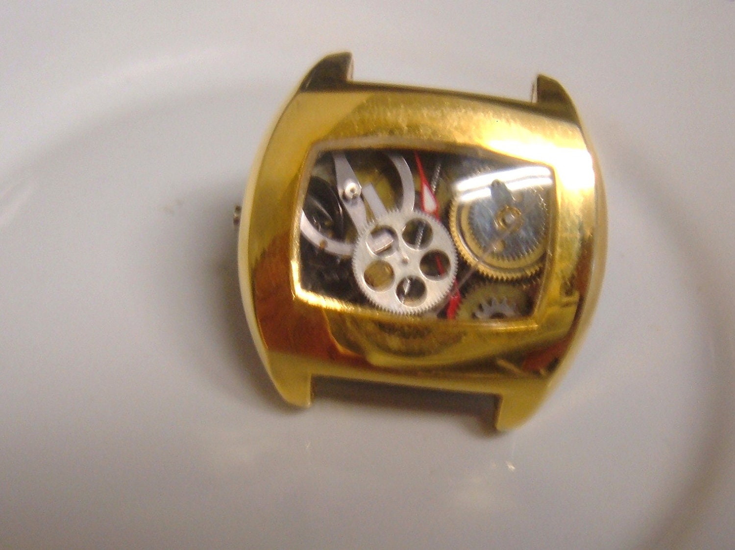 Unisex Mini Steampunk Pin Watch Case Art Vintage and Antique Watch Parts Inside OOAK