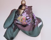 French designer silk scarf chocolate and forest floral