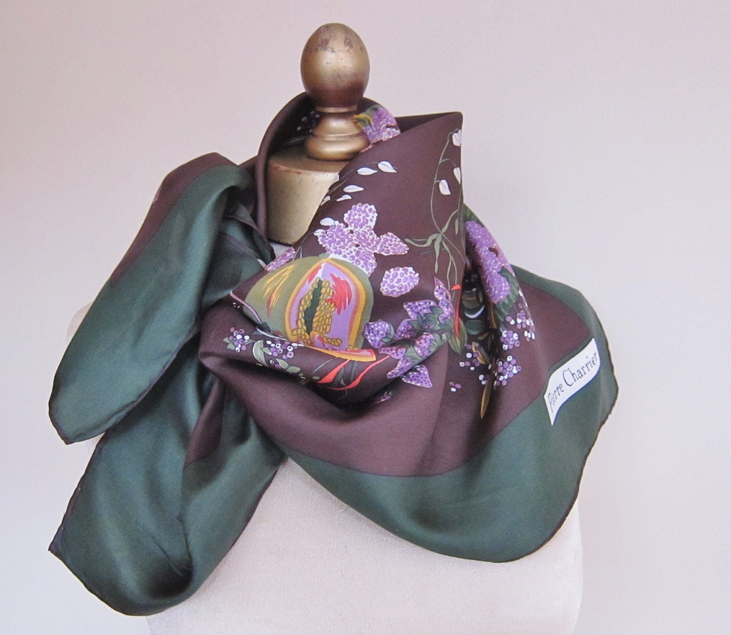 French designer silk scarf chocolate and forest floral