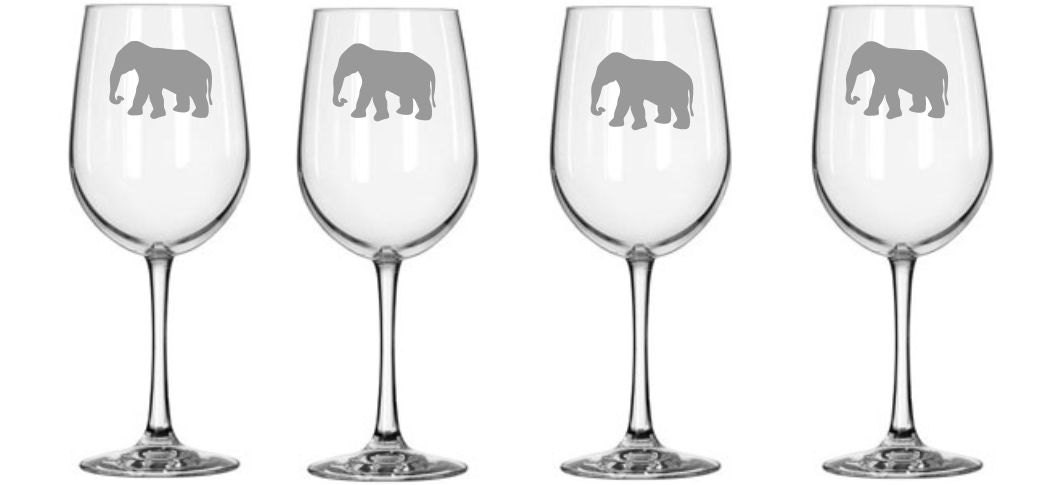 Elephant Wine Glass or Pilsner Glass Set of 4 Sand Carved (sandblasted)