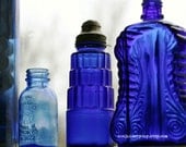 Blue Bottles Photograph, Art Print, Vintage Vignette (8x10)