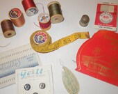 Grandma's Vintage Sewing Kit, lots of collectibles, thimble, tape measurer, buttons, wooden thread spools, needles ...