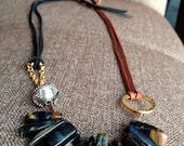 Tigereye Silver, Gold and Leather Necklace