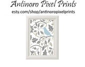Spring Bird on Branch  Art Print  - 16x20 Poster Print Blue / Grey / White (Unframed)