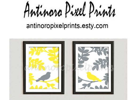 Set of Two Spring Bird  on Branch  (Yellow / Grey) Art Print  - 8x10 Print Yellow / Grey (Unframed)