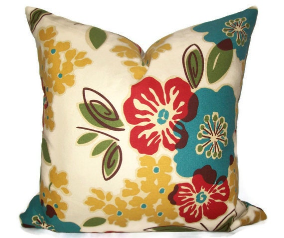 Accent Pillow.18x18 inch.Decorator Pillow Cover. Bright Multi Colored Floral Print