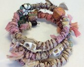 Boho Skull Bracelet - Wrapped Bracelet - Sari Silk Ribbon - Gypsy Bracelet - Tan & Pink