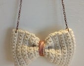 Crochet Bow Necklace - Creamy White - Ivory - Romantic Boho