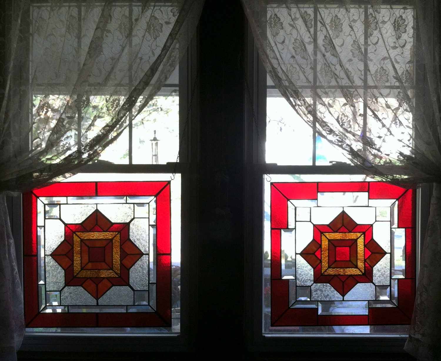 Intermingle passion duo--stained glass window panel-red and orange-geometric design-home decor and special gift duo