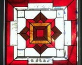 stained glass window panel-intermingle passion red and orange-geometric design-home decor and special gift