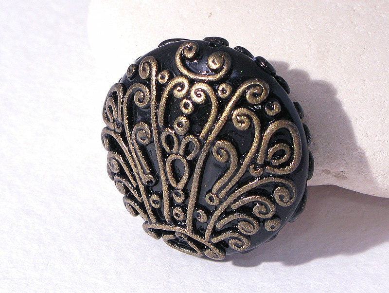 Filigree focal bead. Polymer clay gold black bead. FREE SHIPPING. OOAK beads. Handmade loose bead. Harvest fall bronze necklace.