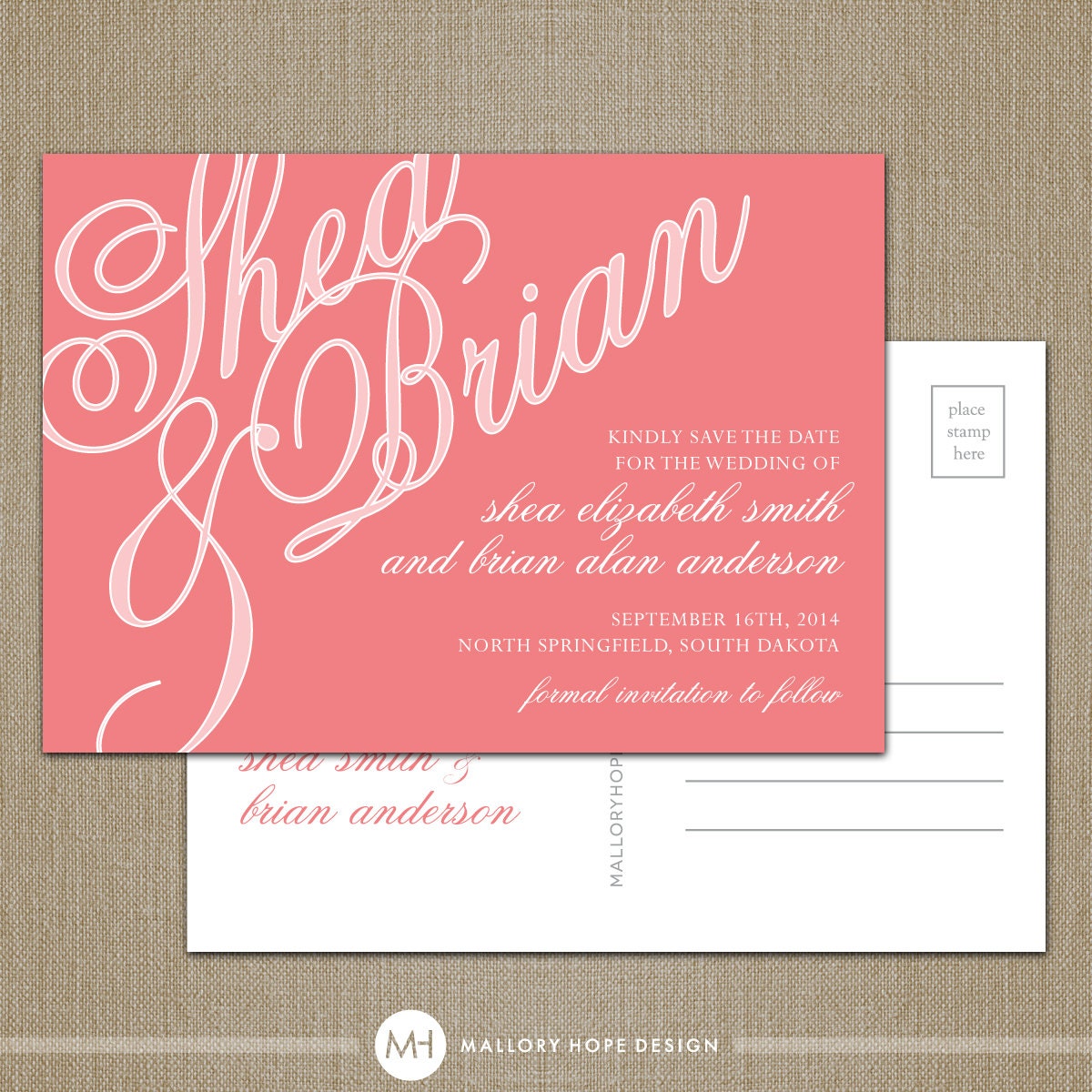 Elegant Names Modern Personalized Wedding Save the Date Postcard - CUSTOMIZE Colors and Content - Digital Design File