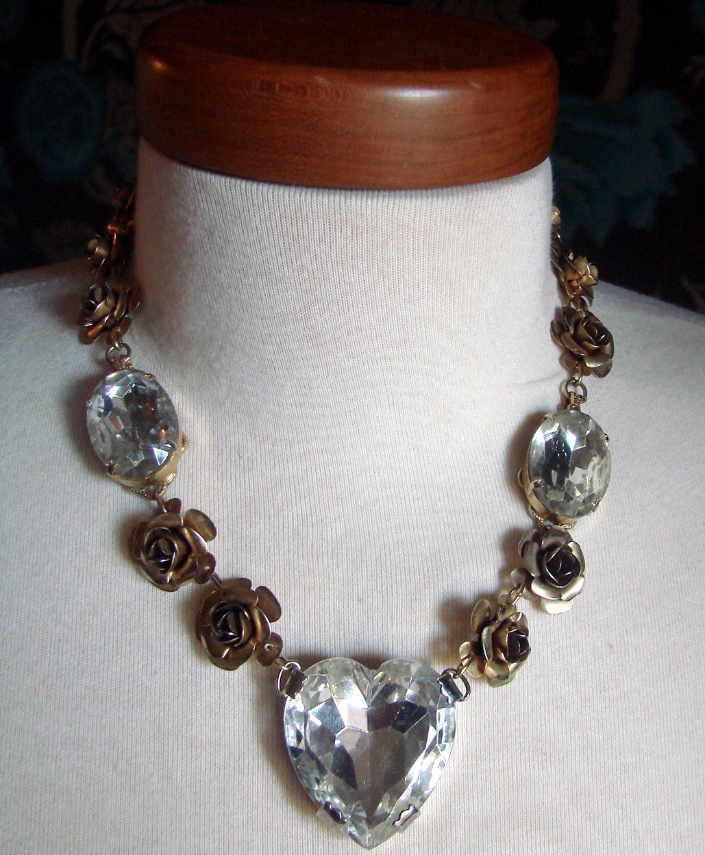 RESERVED Vintage Art Deco Brass and Rhinestone Flower Necklace