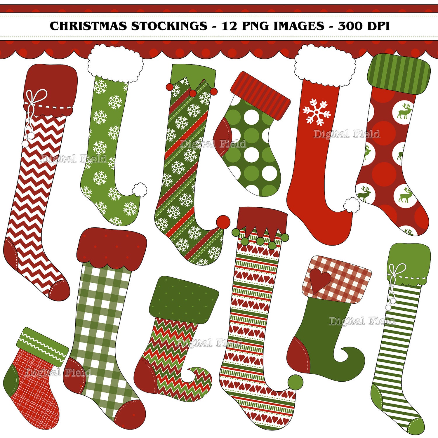 INSTANT DOWNLOAD Christmas Stocking clip art set - red green patterned holiday printable digital clipart