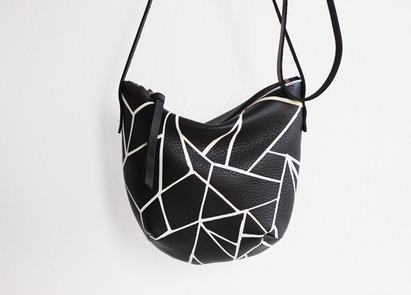 ORIGAMI - leather purse bag, hand screen printed, black and white