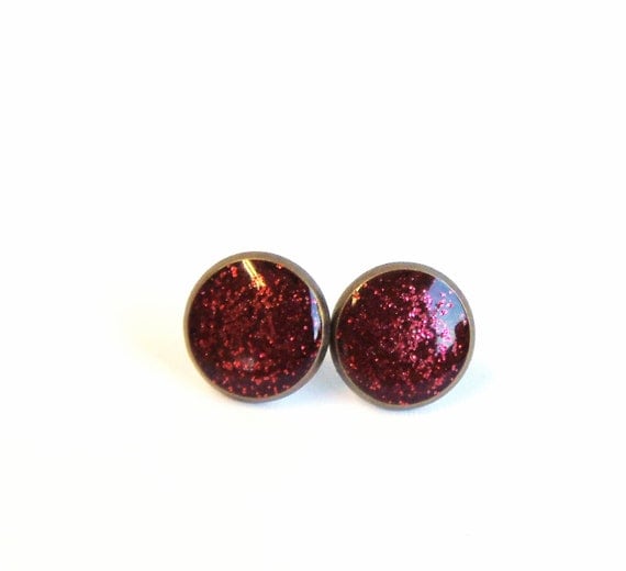Tiny stud earrings glitter burgundy earring studs
