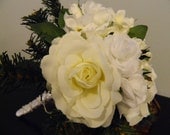 SALE White Winter Rose Bouquet, pine, Christmas, green, snowflake, blue, silver, bridal bouquet,  bride bouquet, romantic, silk flowers
