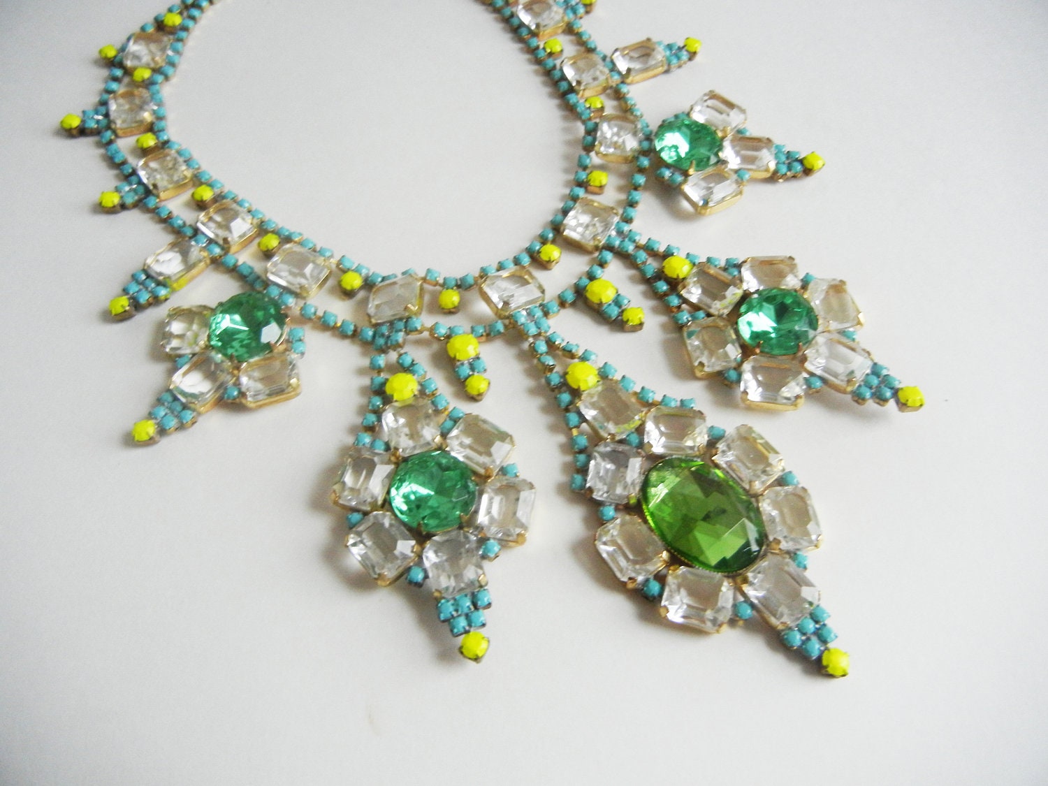 The Gemma Necklace - OOAK - Vintage 1950s Hand Painted Turquoise Green and Yellow Rhinestone Bib Necklace