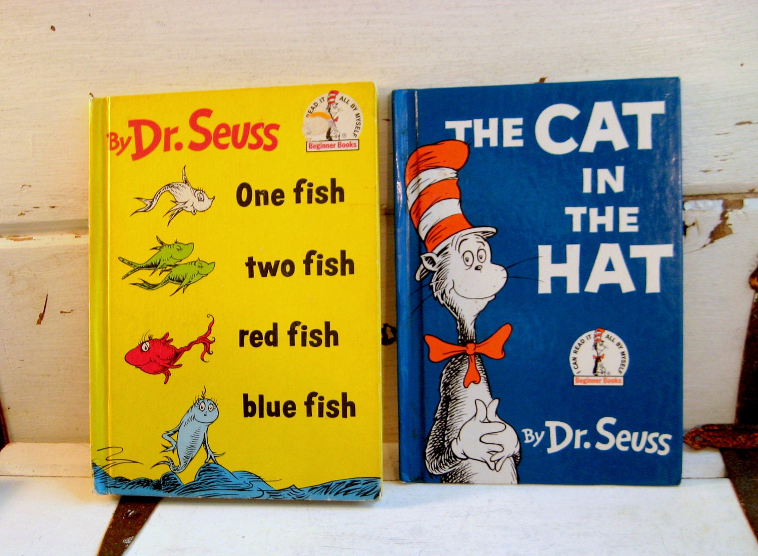 Cat in the Hat and One Fish, Two Fish, set of two Dr. Seuss hardcover children's books from the Beginner Book series, Random House