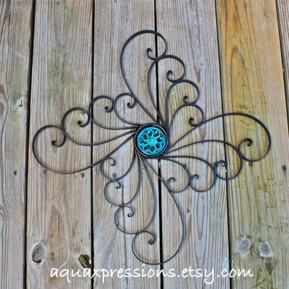 Metal Wall Decor /Laguna Green /Distressed Patio Decor /Painted /Outdoor Up Cycled Iron Art /Ornate Design /Beach cottage