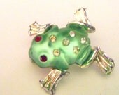 Sweet Little Green Frog with Red Gem Eyes and Crystal White Spots Brooch or Pin