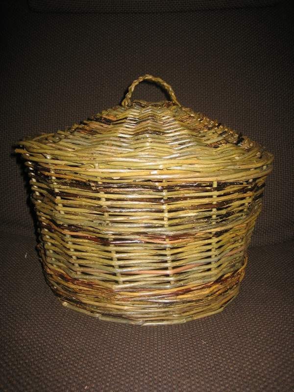 Willow Storage Basket with Lid, Green/Cream/Brown, Lid, Round, medium  (Ref. 12-5)