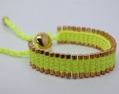 Friendship Gold Link Bracelet Woven in Neon Yellow Green Macrame. (Similar to the Links of London Brand)