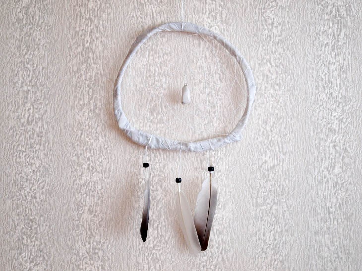 Dream Catcher - The Lucky Tooth  - With Natural White Gemstone Amulet and Pigeon Feathers - Home Decor, Mobile