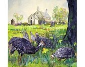 Giclée PRINT 6" X6" Guinea Hen FARM ,  colorful landscape with fowl , reproduction from my original  bright watercolor painting Green