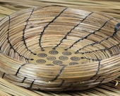 Rustic Handmade Small Coiled Pine Needle Basket Burned Abstract Wood Center