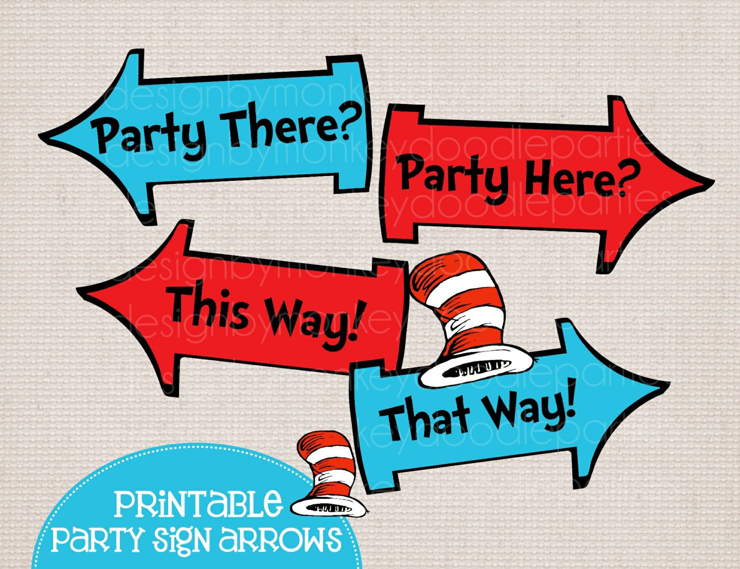 Adorable Dr Seuss Cat in the Hat Inspired Printable Party Arrow Signs 4 Phrases Plus Hats Il_170x135