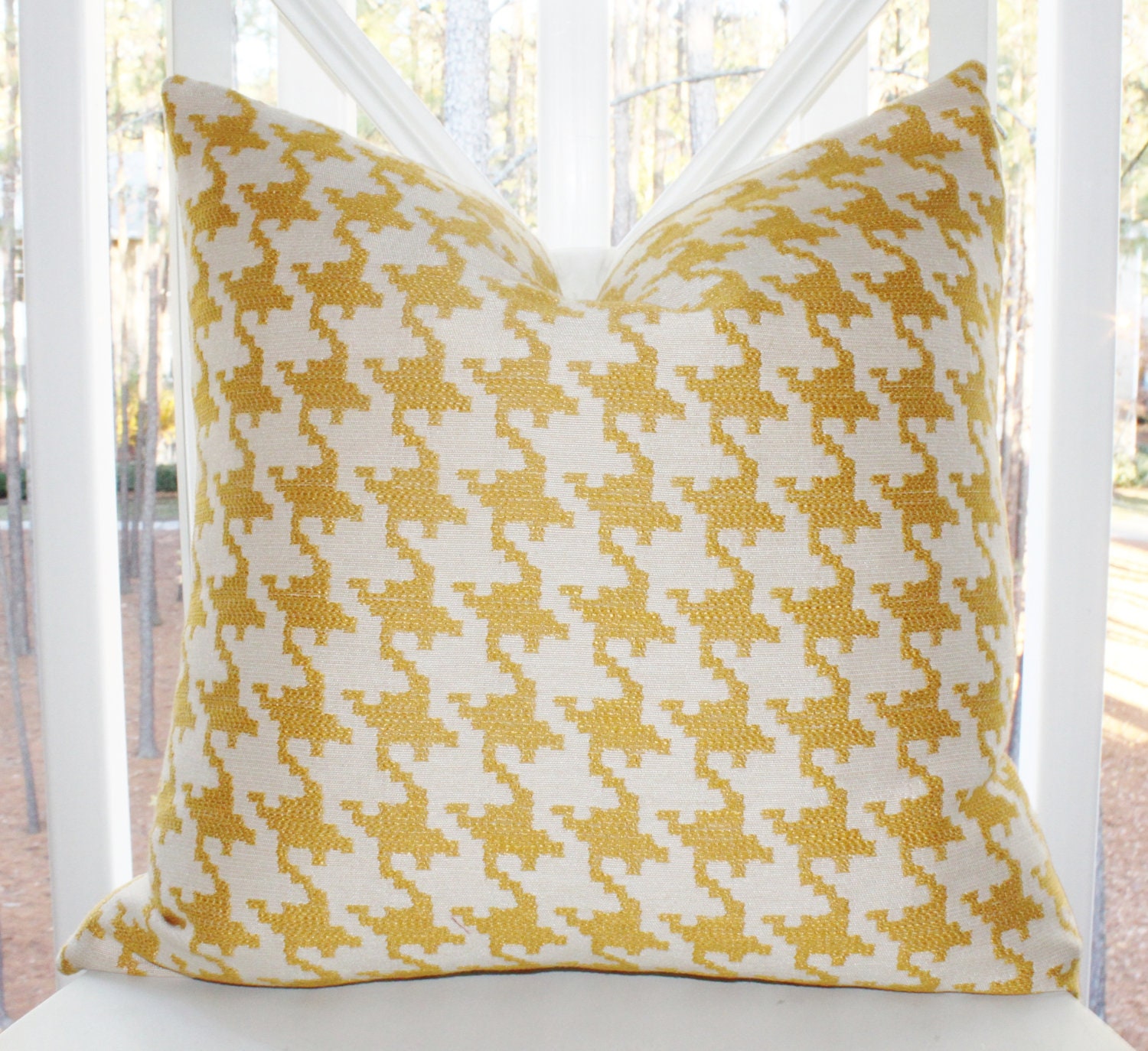 Decorative Designer Pillow Cover - 16 x 16 Yellow Gold Geometric Houndstooth Linen Pillow - Throw Pillow